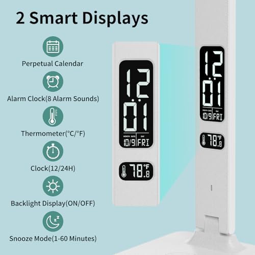 LED Desk Lamp for Home Office, USB Charging Port, Reading Lamp Desk Light with 5 Brightness, 3 Colors, Table Lamp with Clock, Alarm, Date, Temperature, Desk Lamp for College Dorm Room (White)