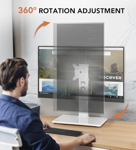 Hemudu Single LCD Computer Monitor Free-Standing Desk Stand Riser for 13 inch to 32 inch Screen with Swivel, Height Adjustable, Rotation, Holds One (1) Screen up to 77Lbs(HT05W-001) White
