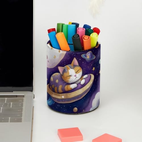 Leather Pen Holder for Desk, Planet Cat Pencil Cup Pen Organizer Makeup Brush Holder for Office Home Kids Countertop Desk Accessory Storage
