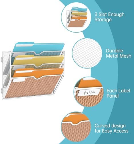 SUPEASY 3-Tier Wall File Organizer, Hanging Wall Mounted Mail Organizer with Label Slots, Metal Mesh File Holder Magazine Rack for Office, Home, School or Classroom, White