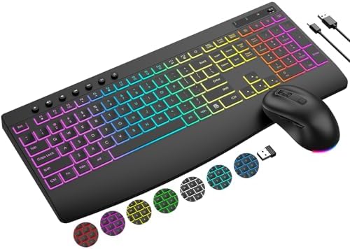 Wireless Keyboard and Mouse Combo, 9 Backlit Effects, 4000mAh Rechargeable Backlit Keyboard with Wrist Rest, 6 Button Mouse, 2.4G Full Size Quiet Keyboard Set for Computer, PC, Laptop, Mac, Windows