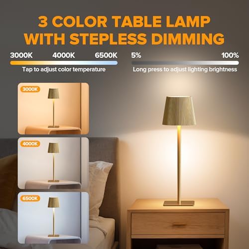 LUTEC 2 Pack Cordless Table Lamp,6000mAh Rechargeable Battery Operated Desk Lamp,Two Adjustable Heights,Waterproof, Touch Control & 3 Color Stepless Dimming for Restaurant/Bedroom/Bars/Outdoor (Gold)