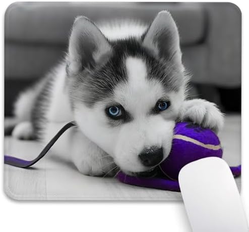 Siberian Husky Puppy Mouse Pad, Cute Pup Playing Purple Blue Ball Desk Mat