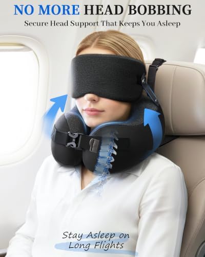 Travel Pillow for Long Flight Airplanes, Head Strap Combo & Eye Mask for Sleep, Airplane Neck Pillow with 360° Support Memory Foam to Prevent Head Bobbing, Road Trip Essentials, EVA Case, Black
