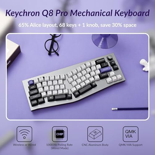 Keychron Q8 Pro Full-Metal Wireless Custom Mechanical Keyboard, 65% Alice Layout Bluetooth/Wired, QMK/VIA, Hot Swappable, 1000 Hz Polling Rate, RGB Backlit for Mac Windows Linux-Grey