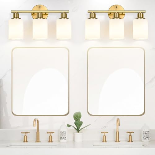 Zarbitta 3-Light Bathroom Light Fixtures, Brushed Gold Vanity Light, Farmhouse Wall Lights with Milky White Frosted Glass Shades, Bathroom Wall Lamp for Mirror Kitchen Bedroom Hallway Living Room