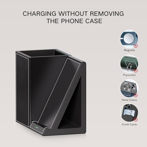 LADSTAG Pen Organizer with Phone Stand,Black Vegan Leather Desk Organizers with Remote Control Holder,Pencil Holder for Desk,Desk Organizer with Phone Charger for Office/Nightstand/Endtable