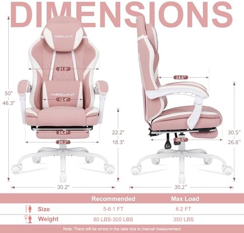 Misolant Gaming Chair, Fabric Gamer Chair with footrest for Adults, High Back Ergonomic Computer Game Chair with Adjustable Headrest and Massage Lumbar Support, 90-155° Recline Free, Pink