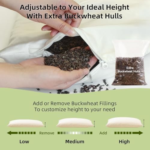 USlixury Organic Buckwheat Pillow 20x26, Adjustable Height, Neck Support