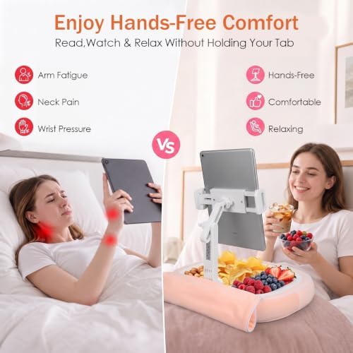 Tablet Pillow Holder with Snack Bowl, Adjustable Lap Laptop Stand, Soft Plush Bed Pillow, 360° Rotating Detachable Support Arm, Compatible with 4.7-16.1", Phone, Tablet, Pink