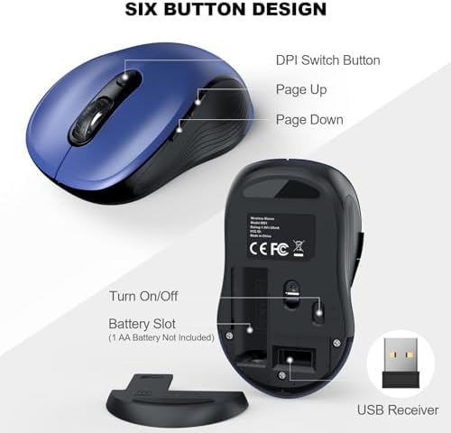 WisFox 2.4G Wireless Mouse for Laptop, Ergonomic Computer Mouse with USB Receiver and Type-C Adapter, 3 Adjustable Levels, 6 Button Cordless Wireless Mice for Windows Mac PC Notebook (Blue)