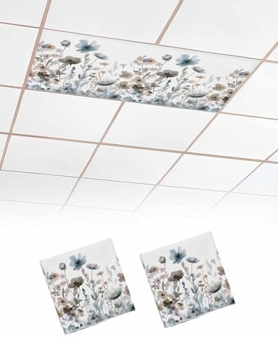 Fall Flower Magnetic Fluorescent Light Covers for Ceiling Lights 2 x 4 Feet, Watercolor Floral Herb Blue Brown Office Classroom Kitchen Drop Ceiling Light Covers Lighting Filters Shade Panel 2 Packs