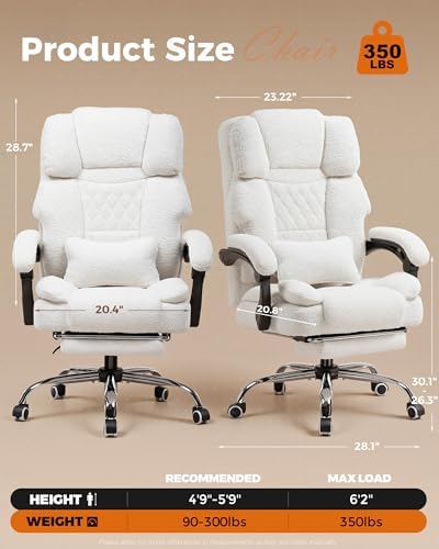 GTPLAYER Big and Tall Office Chair with Pocket Spring Cushion & Ergonomic Lumbar Support for Lower Back Pain Relief, High Back Computer Gaming Chair with Foot Rest, Comfy Teddy Fleece, White