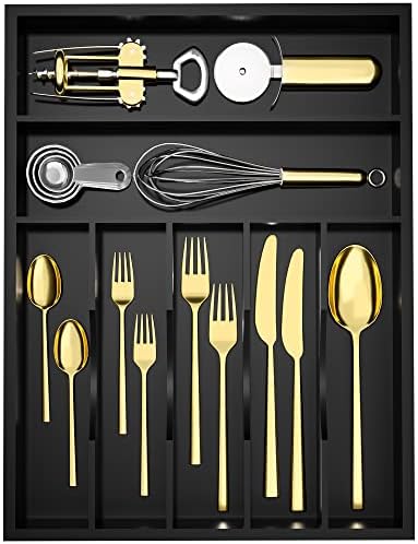 Utensil Organizer Silverware Drawer Organizer - 7 Slots Bamboo Silverware Tray For Kitchen Cutlery Office Supplies Makeup Desk Storage Garage Tool Organization W13”x L17” (Black)