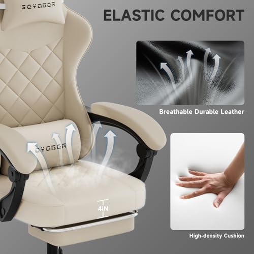 Gaming Chair with Footrest, Ergonomic Leather Computer Chair with Lumbar Support, Height Adjustable High Back Swivel Office Chair for Adults, Gamer Chair for Gaming, Working,Beige