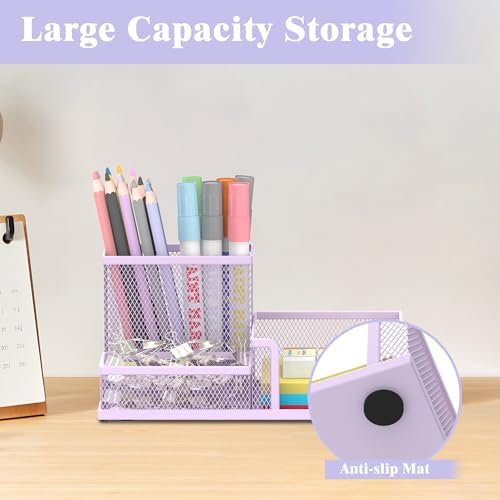 SUPEASY Mesh Pen Holder Desk Organizer, Office Supplies Pencil Storage with 3 Compartments, Office Desk Accessories and Workspace Organizers for Home School Classroom, Purple