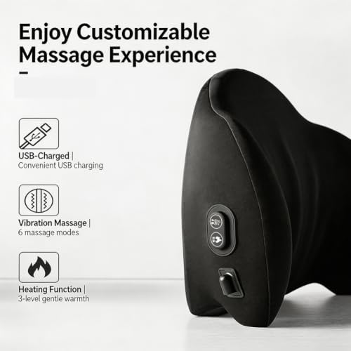 Car Lumbar Back Support Pillow, Heat Vibration Massage Neck Headrest Pillow