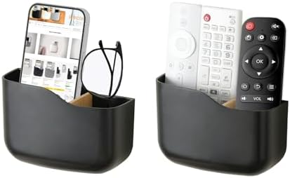 SUNFICON Wall Mount Remote Holder TV FAN Remote Control Holder Bedside Caddy Wall Organizer Phone Holder for Office Adhesive Media Player Controller Holder Box Tray Home Desk Nightstand 2 PACK BLACK