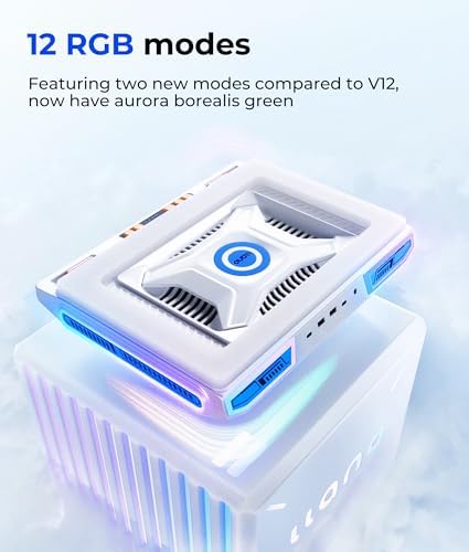 llano V10 Gaming Laptop Cooler, RGB Laptop Cooling Pad Stand with Powerful 4.72 Inch External Turbo Cooling Fan, Fast Cooling Computer 13-17.3inch, 3 Adjustable Stand, 4-Port USB C&A (White)