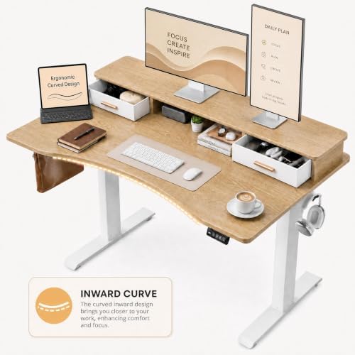 Grandder Electric Standing Desk with Two Drawers, CurvedSit to Stand Up Height Adjustable Desk with Storage Shelf for Home Office, 63 * 32 Inch, Study, Ergonomic Adjustable Computer Desk, Oak