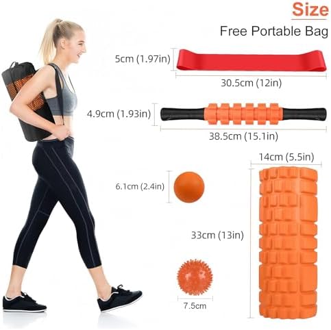 Aucuu 6 in 1 Foam Roller Set Includes Hollow Core Massage Roller, Yoga Stick, Massage Ball, Fitness Stretching Strap, Carrying Bag, Towel, Massage Roller (Orange)