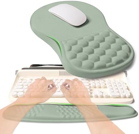 2-in-1 Ergonomic Set, Wave Rise Keyboard Wrist Rest and Massage Bulge Slope Mouse Pad Wrist Support, Cushion Memory Foam Integrated to Relieve Wrist Pain, Light Green