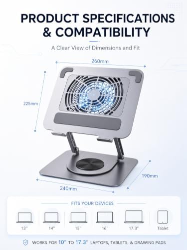 360° Rotating Laptop Cooling Pad with Detachable Magnetic Fan & 4 USB 3.0 Hub, Foldable Ergonomic Computer Riser, Compatible with MacBook Pro, Compatible with Dell, Fits 10-17” Laptops