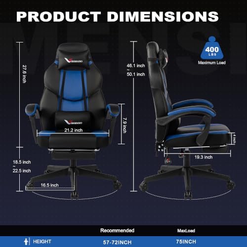 Blue Gaming Chair Big and Tall 400 lbs, Ergonomic Office Chair with Pocket Spring Cushion, Retractable Footrest, Adjustable Recliner, Heavy Duty Leather Office Chair