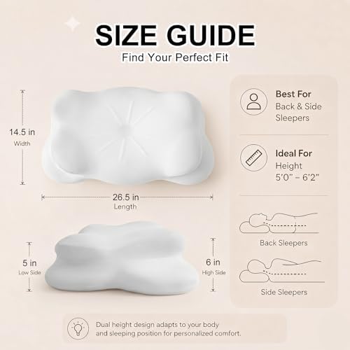 Large Cloud Sleep Pillow, Upgrade 3.0 Cloud Neck Pillow, Ergonomic Memory Foam Pillow with Adjustable Cervical Support & Cooling Breathable Cover for Side, Stomach Sleepers & Back - White