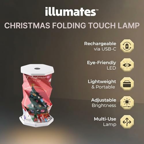 Origami Expanding Foldable LED Desk Lamp – USB Rechargeable & Portable - Dimmable Touch Control Light with Adjustable Height up to 5 1/2 for Office, Travel, Bedside - Sleek & Modern Design (Christmas)
