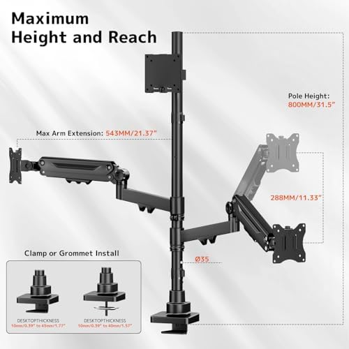 Triple Monitor Mount up to 49 inches, Fully Adjustable Heavy Duty 3 Monitor Arm with Gas Spring, Desk Mount for 3 Screens, C-Clamp & Grommet Base, Holds 44 lbs, Black