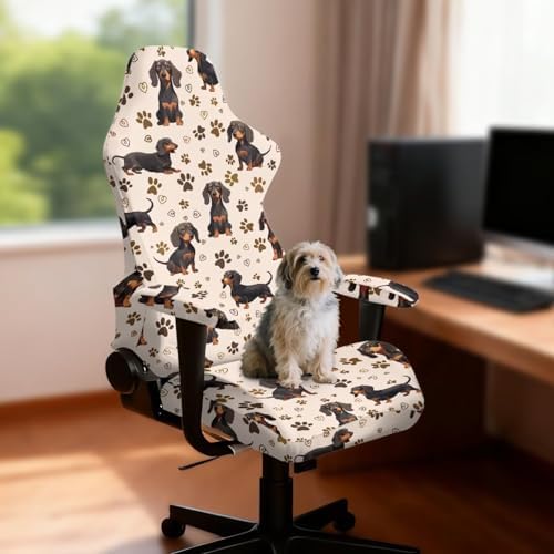 Dachshund Paw Heart Print Gaming Chair Cover with Armrest Covers Stretchable Anti Scratch Furniture Protector Washable Gaming Chair Slipcover