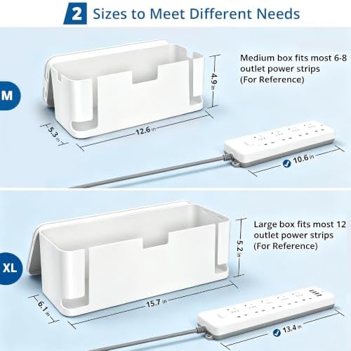 ZhiYo 2 Pack Cable Management Box, Medium & XL, Power Strip Organizer White