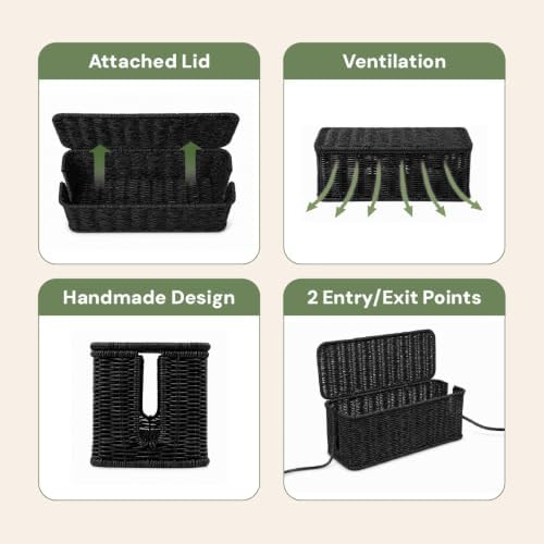 Cable Management Box, Handmade Rattan Cord Organizer for Power Strip