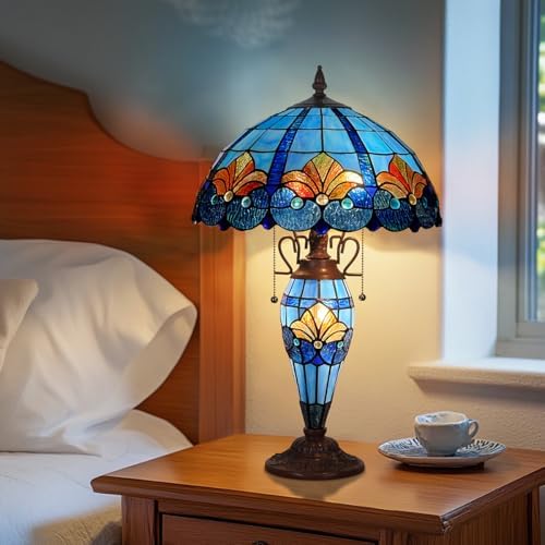 Tiffany Lamp 3-Lights Blue Stained Glass Table Lamp for Living Room