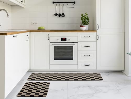 Ohocut Checkered Kitchen Mats for Floor Set of 2, 2 Pcs Cushioned Non Slip Runner Rugs for Kitchen/Sink/Laundry, Comfort Aesthetic Cute Anti-Fatigue Foam Floor Mat (Brown/Black)