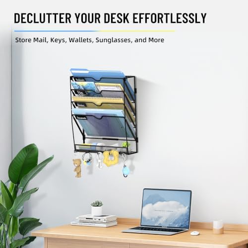 SUPEASY 5-Tier Wall File Organizer with Hooks, Wall Mounted Mail Organizer