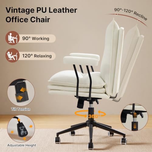 Leather Office Chair,Detachable Armrests,360°Swivel Mid Century Modern