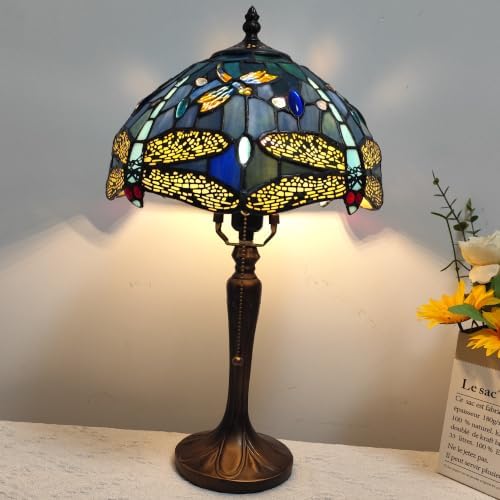 Tiffany Lamp Blue Dragonfly Stained Glass Table Lamp with 3-Color Temperature Vintage Bedside Nightstand Night Light for Bedroom Dorm Living Room Hallway Cottage Office Decor