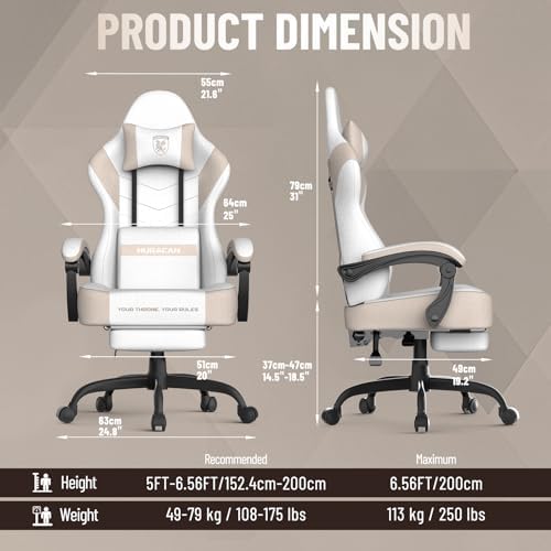 Ferghana Cotton Fabric Gaming Chair - Wider Seat Cushion, Shield-Shaped Embroidery, Ergonomic High Back with Footrest, Computer Gamer Chair for Adults Featuring Massage Lumbar Support, Beige
