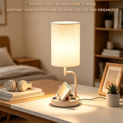 Dreamholder 2 Pack Table Lamp, Bedside Lamp with 3 USB Charging Ports & AC Outlet, USB Desk Lamp with 2 Phone Holders, Linen Fabric Shade Nightstand Lamps for Bedroom Living Room Office, Beige