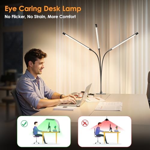 ShineTech 3-Head LED Desk Lamp with Clamp, Eye-Caring Clip on Lights