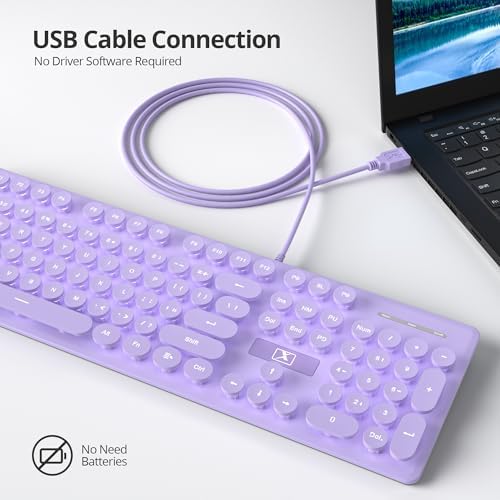 surmen Purple Quiet Keyboard Wired Retro Typewriter, Full Size Soft Keyboards with Number Pad, Round Keys, Backlit USB for Office, Desktop, Laptop(Purple)
