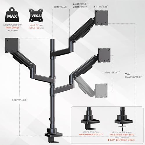 Triple Monitor Mount for up to 49-inch Screens - Heavy Duty Triple Monitor Arm Desk Mount for Ultrawide Monitors Max Load 44lbs per Screen, VESA 75x75 / 100x100 mm, Black