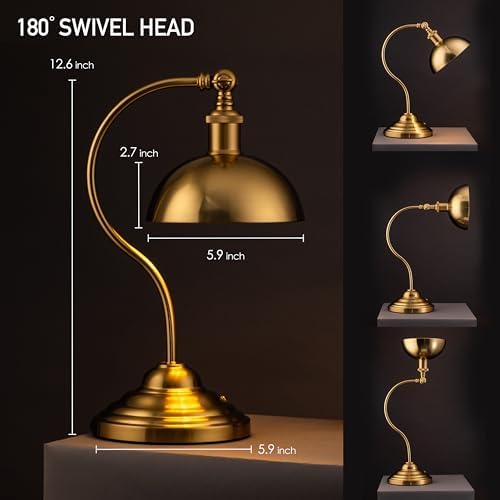 O'Bright Bankers - Cordless LED Table Lamp, Battery-Operated, Rechargeable, 3-Level Dimming, Universal USB-C Charging, 180° Swivel Head, Luxury Metal Shade, Antique Brass