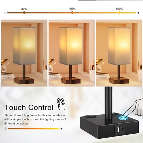 Grey Touch Table Lamp for Bedroom - Dimmable, USB C+A, 2 AC Outlets
