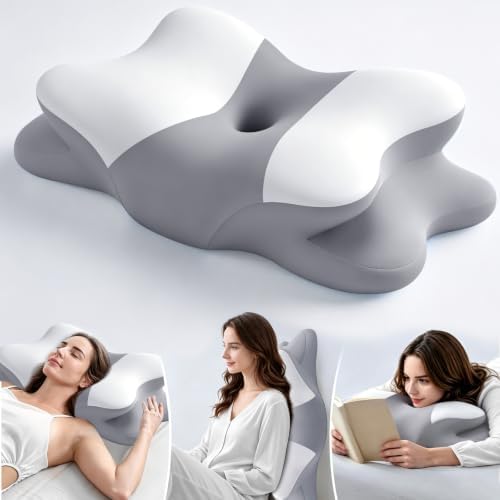 Ergo Pillow for Sleep Apnea, Neck Pain & Snoring Relief, Cervical Neck Pillow for Side Sleeper,Orthopedic Memory Foam w/Ergonomic Neck Support, Medium Soft (Whitegrey, Queen Size)