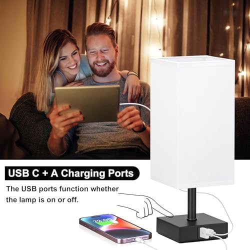 Touch Table Lamp for Bedroom - Dimmable, USB C+A, White Lamphade Black Base