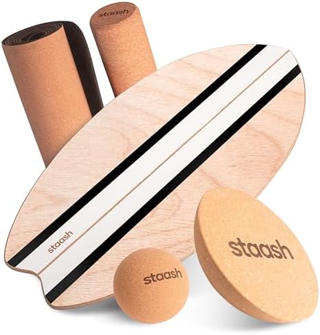 STAASH® Balance Board Full Kit – Premium Birch Wood Trainer with Cork Roller, Balance Disc, Massage Ball & Anti-Slip Mat – Core Strength, Surf, Snowboard & Rehab Training – All-In-One Set