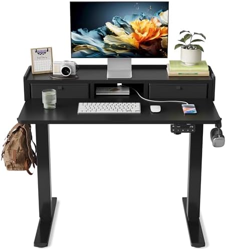 YIHAYO Electric Standing Desk with Drawers, 40 x 24 Inches Adjustable Desk with Storage Shelf, Stand Up Desk with Splice Board, Computer Desk for Home Office, Black Frame/Black Top